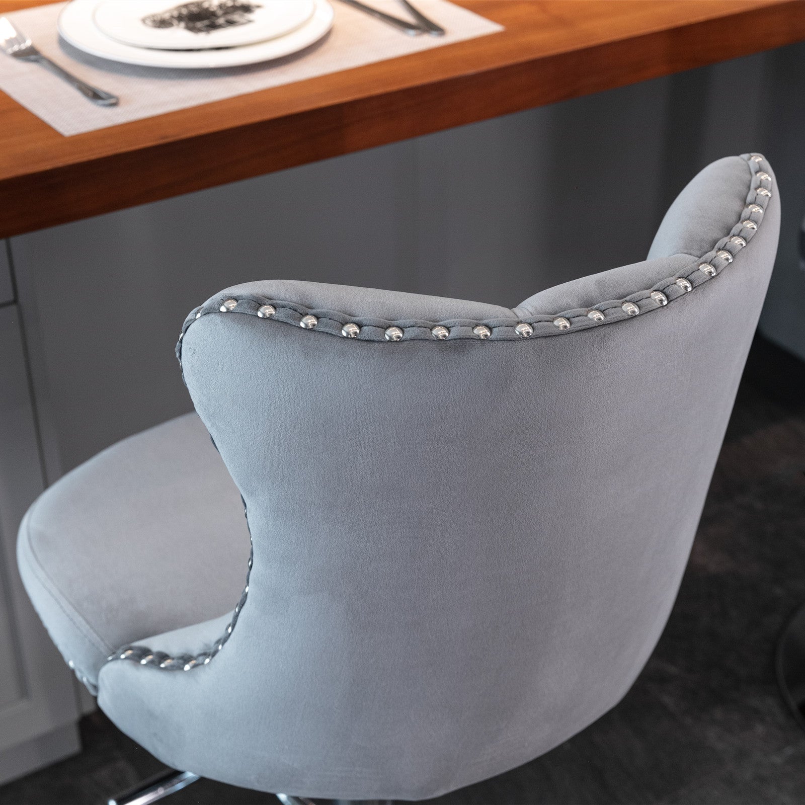 A&A Furniture,Swivel Velvet Barstools Adjusatble Seat Height from 25-33 Inch, Modern Upholstered Chrome base Bar Stools with Backs Comfortable Tufted for Home Pub and Kitchen Island（Gray,Set of 2） image 7