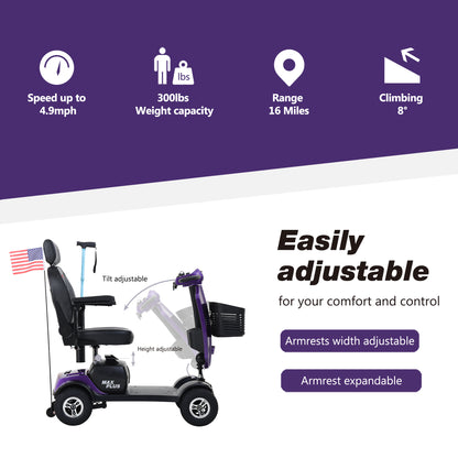MAX PLUS DARK PURPLE 4 Wheels Outdoor Compact Mobility Scooter with 2pcs*20AH Lead acid Battery, 16 Miles, Cup Holders & USB charger Port image 5