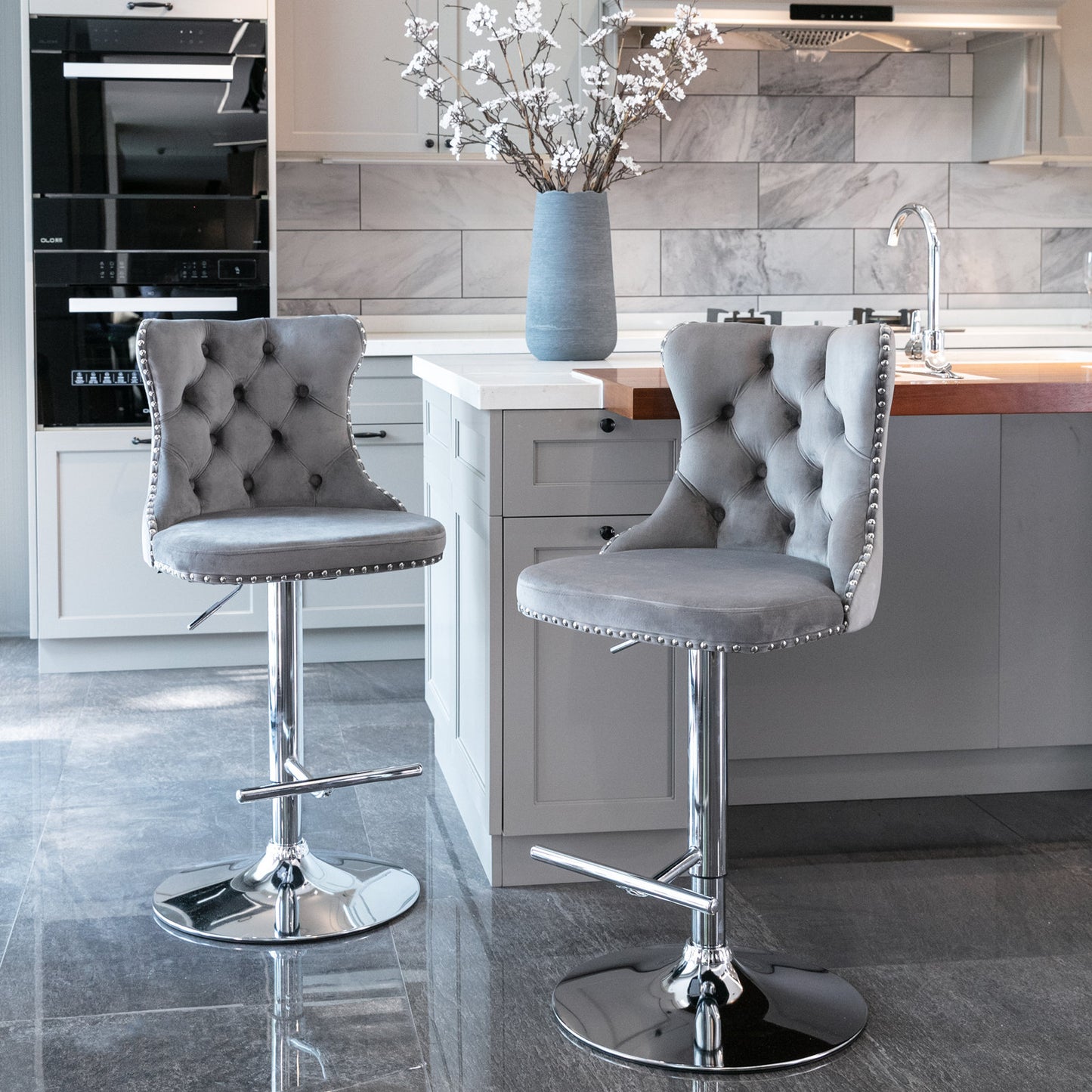 A&A Furniture,Swivel Velvet Barstools Adjusatble Seat Height from 25-33 Inch, Modern Upholstered Chrome base Bar Stools with Backs Comfortable Tufted for Home Pub and Kitchen Island（Gray,Set of 2） image 1