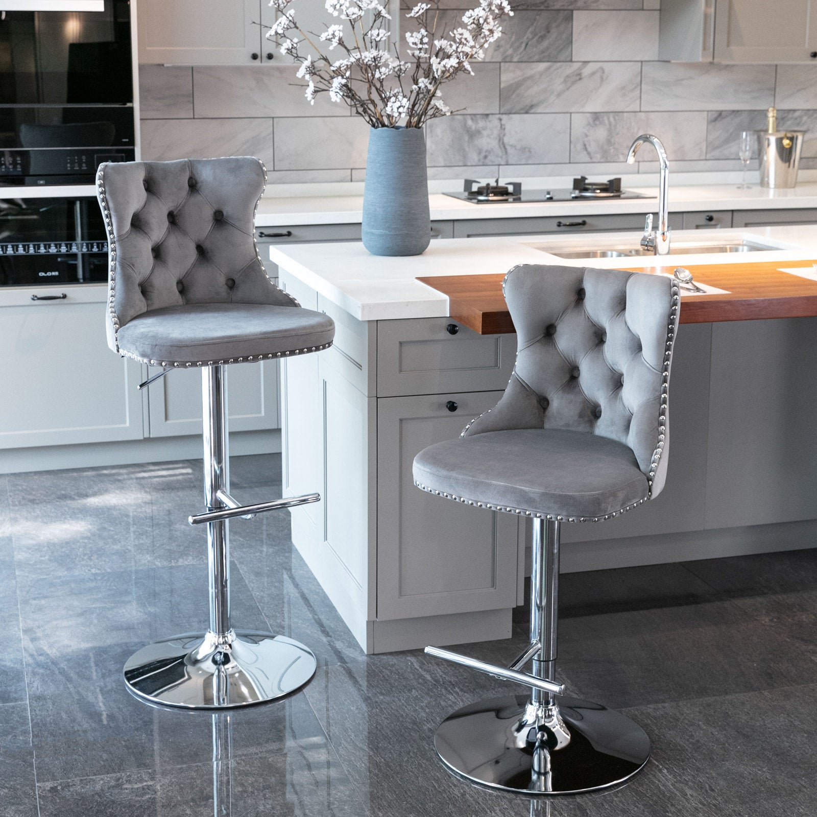 A&A Furniture,Swivel Velvet Barstools Adjusatble Seat Height from 25-33 Inch, Modern Upholstered Chrome base Bar Stools with Backs Comfortable Tufted for Home Pub and Kitchen Island（Gray,Set of 2） image 11