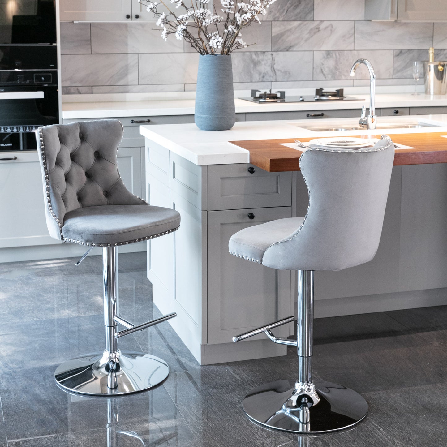 A&A Furniture,Swivel Velvet Barstools Adjusatble Seat Height from 25-33 Inch, Modern Upholstered Chrome base Bar Stools with Backs Comfortable Tufted for Home Pub and Kitchen Island（Gray,Set of 2） image 12