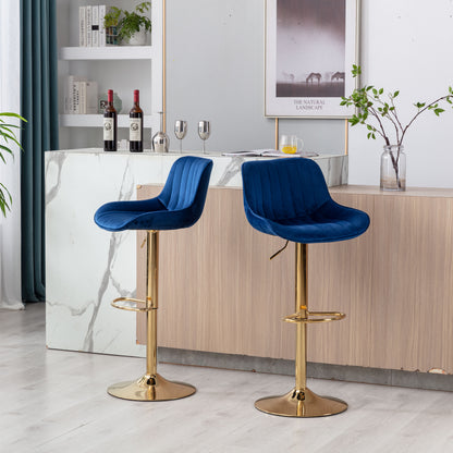 Chrome Footrest and Base Swivel Height Adjustable Mechanical Lifting Velvet + Golden Leg Simple Bar Stool,Set of 2,Navy image 5