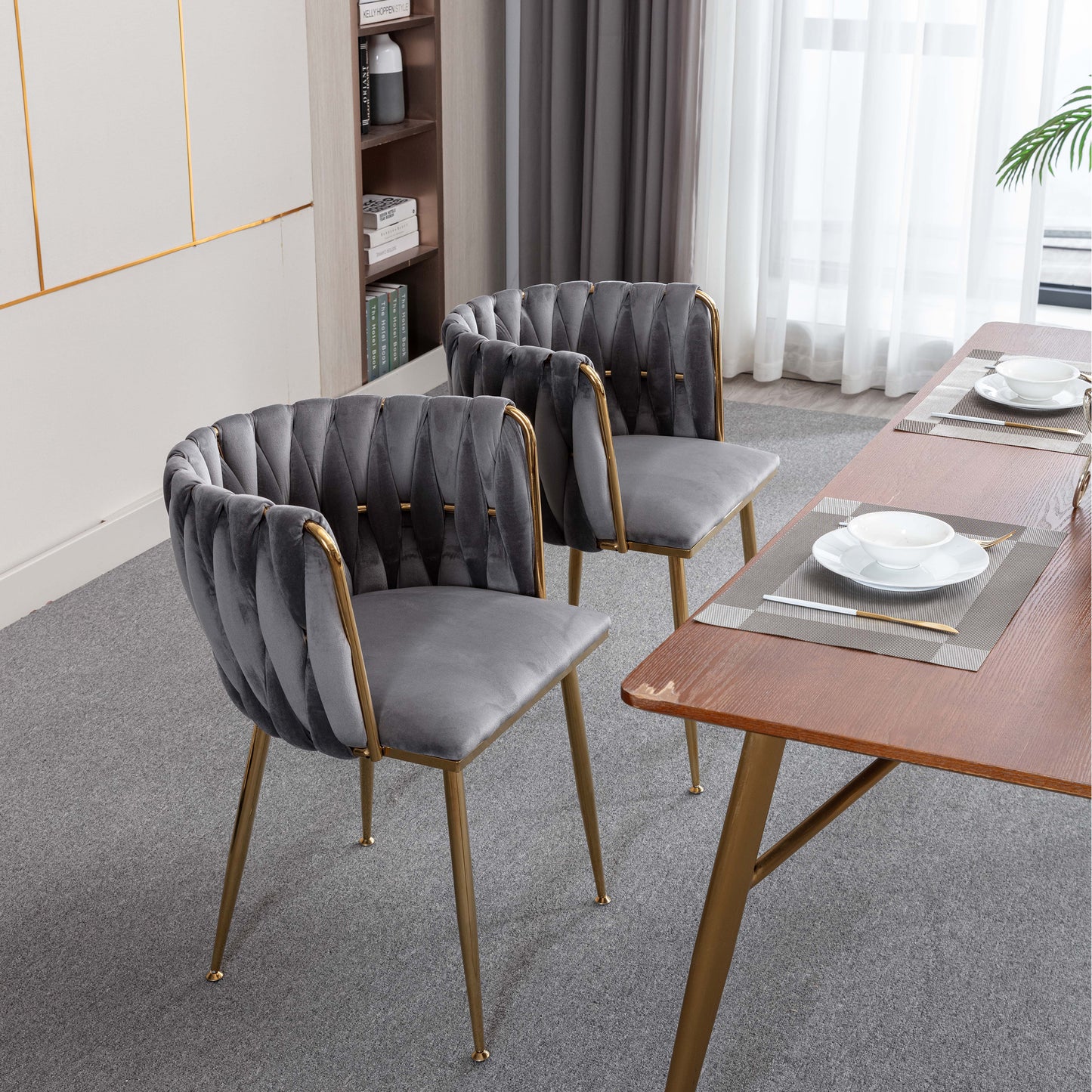 Modern Design Golden Metal Frame Velvet Fabric Dining Chair with Golden Legs,Set of 2,WH-9038G-GREY image 6