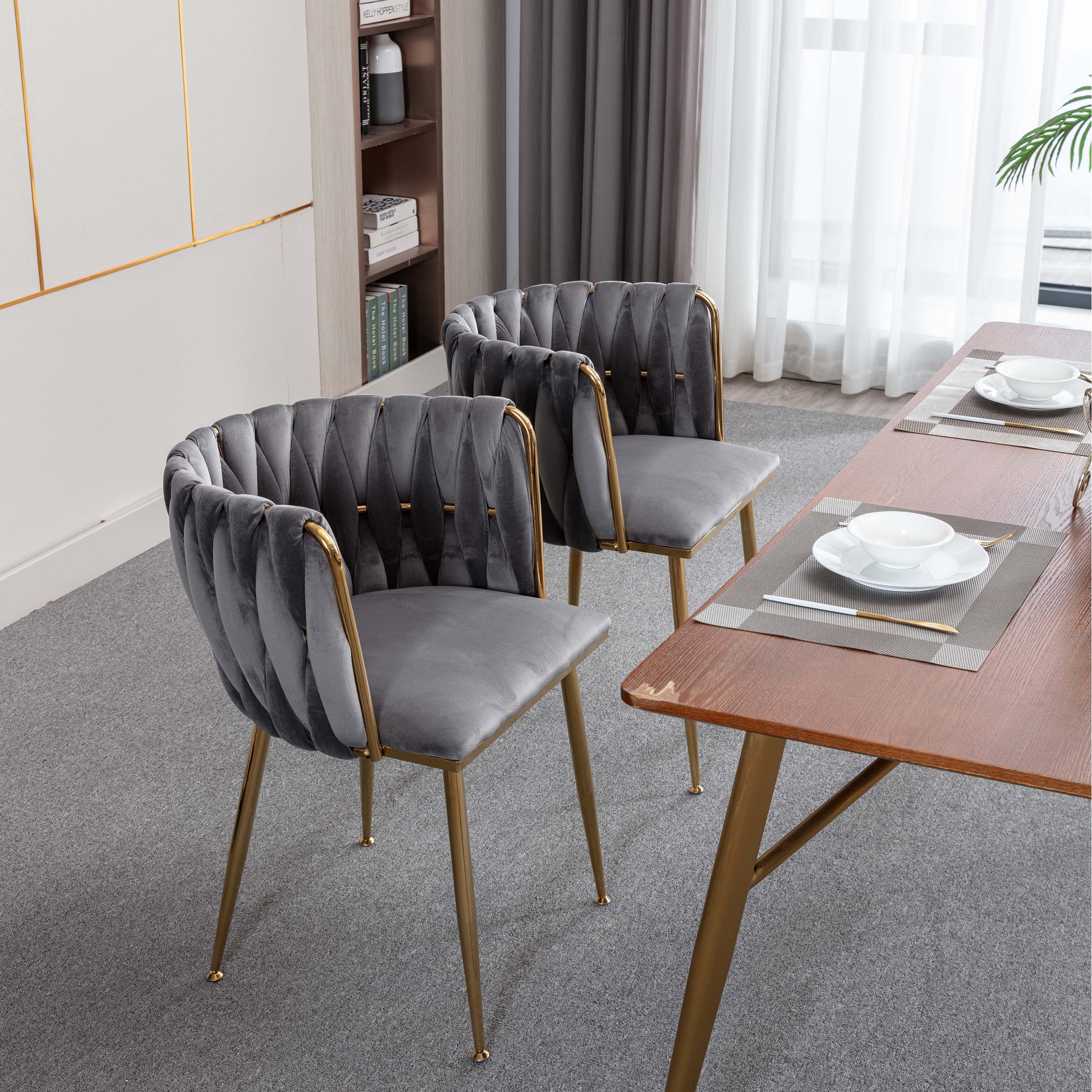 Modern Design Golden Metal Frame Velvet Fabric Dining Chair with Golden Legs,Set of 2,WH-9038G-GREY image 6