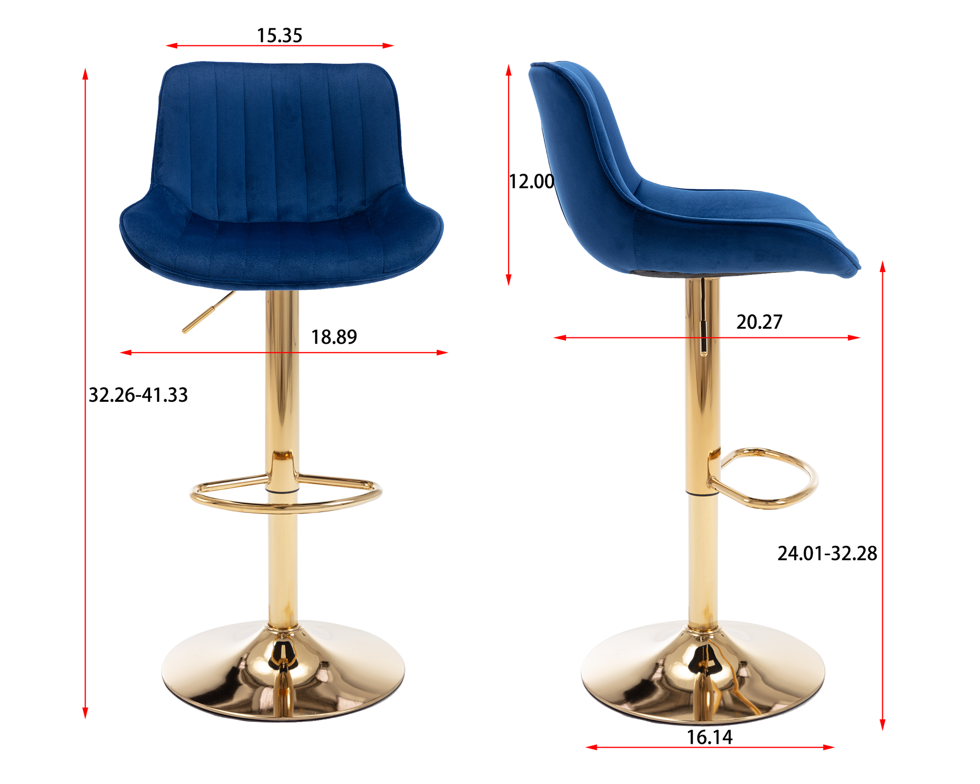 Chrome Footrest and Base Swivel Height Adjustable Mechanical Lifting Velvet + Golden Leg Simple Bar Stool,Set of 2,Navy image 8
