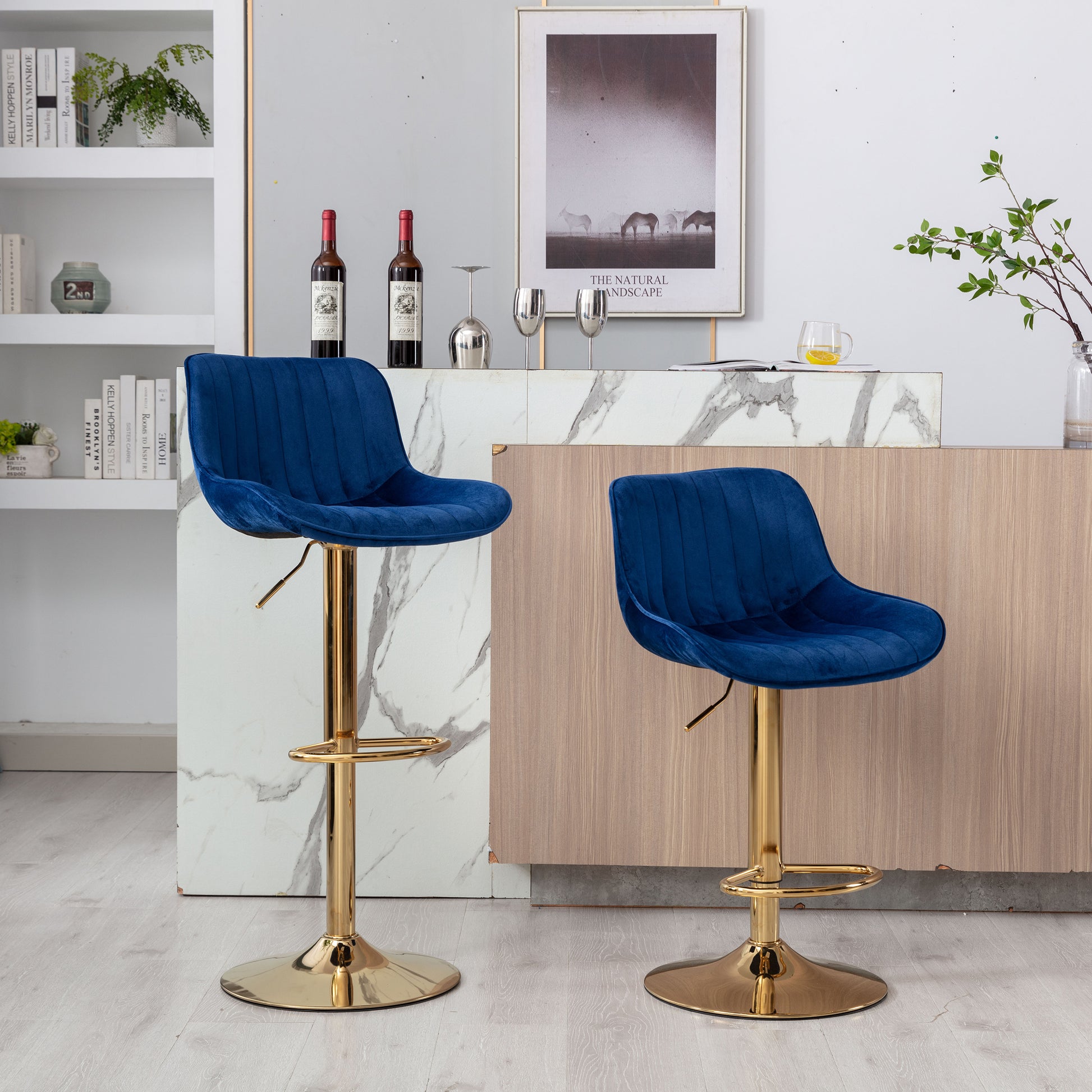 Chrome Footrest and Base Swivel Height Adjustable Mechanical Lifting Velvet + Golden Leg Simple Bar Stool,Set of 2,Navy image 3