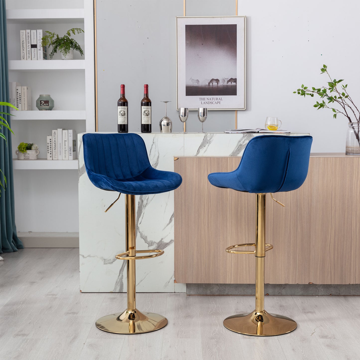 Chrome Footrest and Base Swivel Height Adjustable Mechanical Lifting Velvet + Golden Leg Simple Bar Stool,Set of 2,Navy image 2