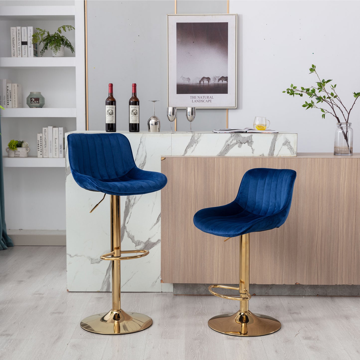 Chrome Footrest and Base Swivel Height Adjustable Mechanical Lifting Velvet + Golden Leg Simple Bar Stool,Set of 2,Navy image 1