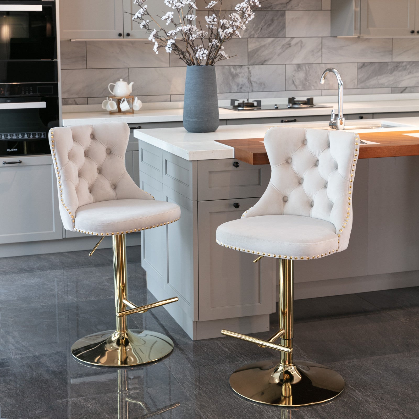 A&A Furniture,Golden Swivel Velvet Barstools Adjusatble Seat Height from 25-33 Inch,Modern Upholstered Bar Stools with Backs Comfortable Tufted for Home Pub and Kitchen Island,Beige,Set of 2 image 1