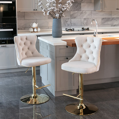 A&A Furniture,Golden Swivel Velvet Barstools Adjusatble Seat Height from 25-33 Inch,Modern Upholstered Bar Stools with Backs Comfortable Tufted for Home Pub and Kitchen Island,Beige,Set of 2 image 1