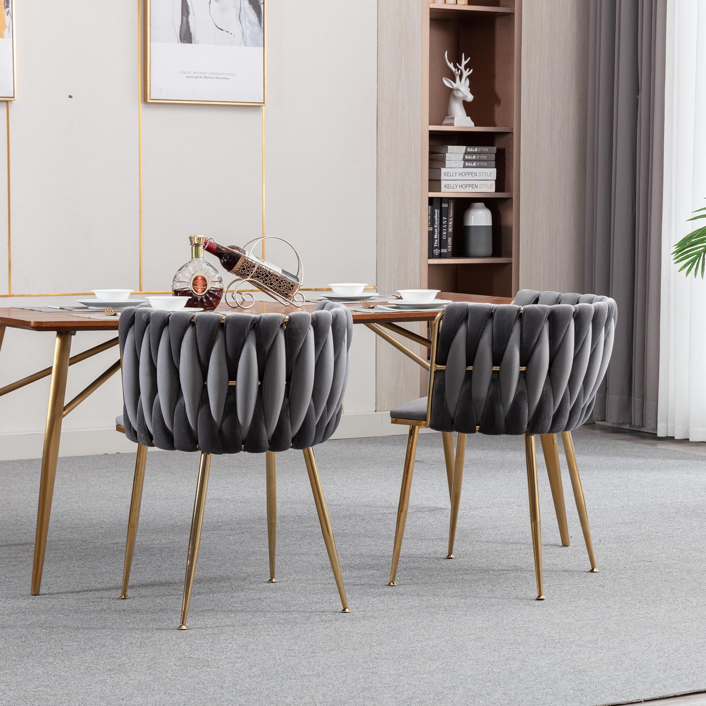 Modern Design Golden Metal Frame Velvet Fabric Dining Chair with Golden Legs,Set of 2,WH-9038G-GREY image 5