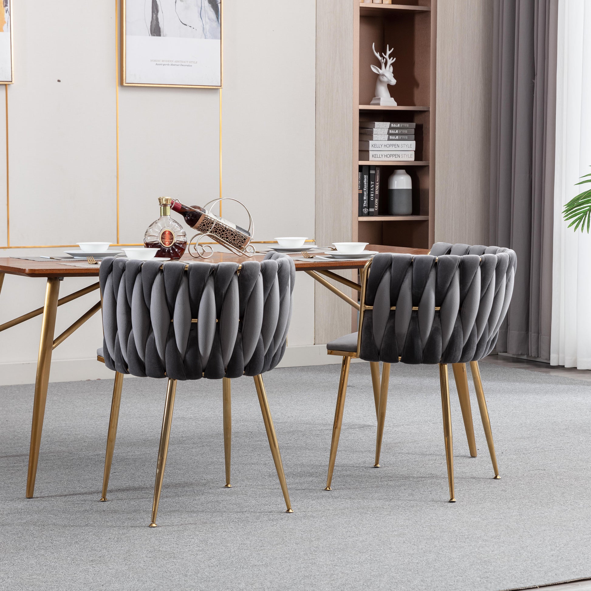 Modern Design Golden Metal Frame Velvet Fabric Dining Chair with Golden Legs,Set of 2,WH-9038G-GREY image 5