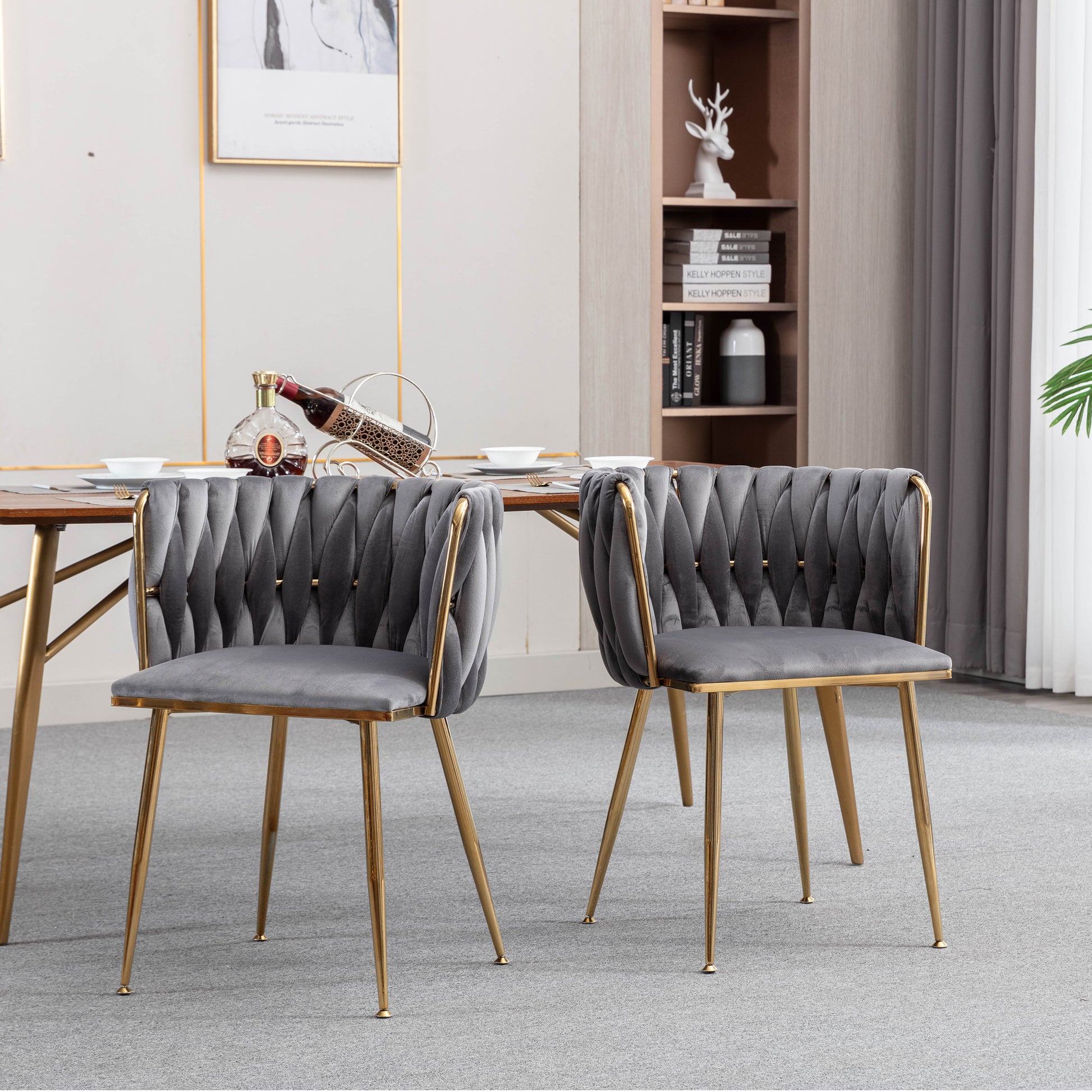 Modern Design Golden Metal Frame Velvet Fabric Dining Chair with Golden Legs,Set of 2,WH-9038G-GREY image 3