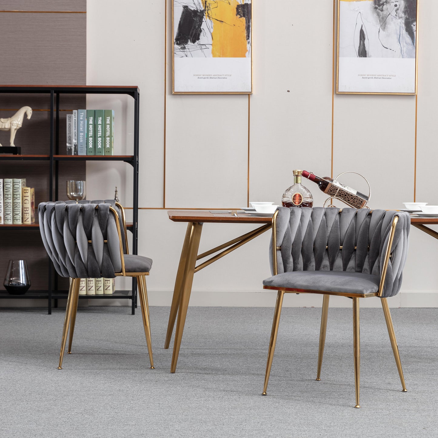 Modern Design Golden Metal Frame Velvet Fabric Dining Chair with Golden Legs,Set of 2,WH-9038G-GREY image 2