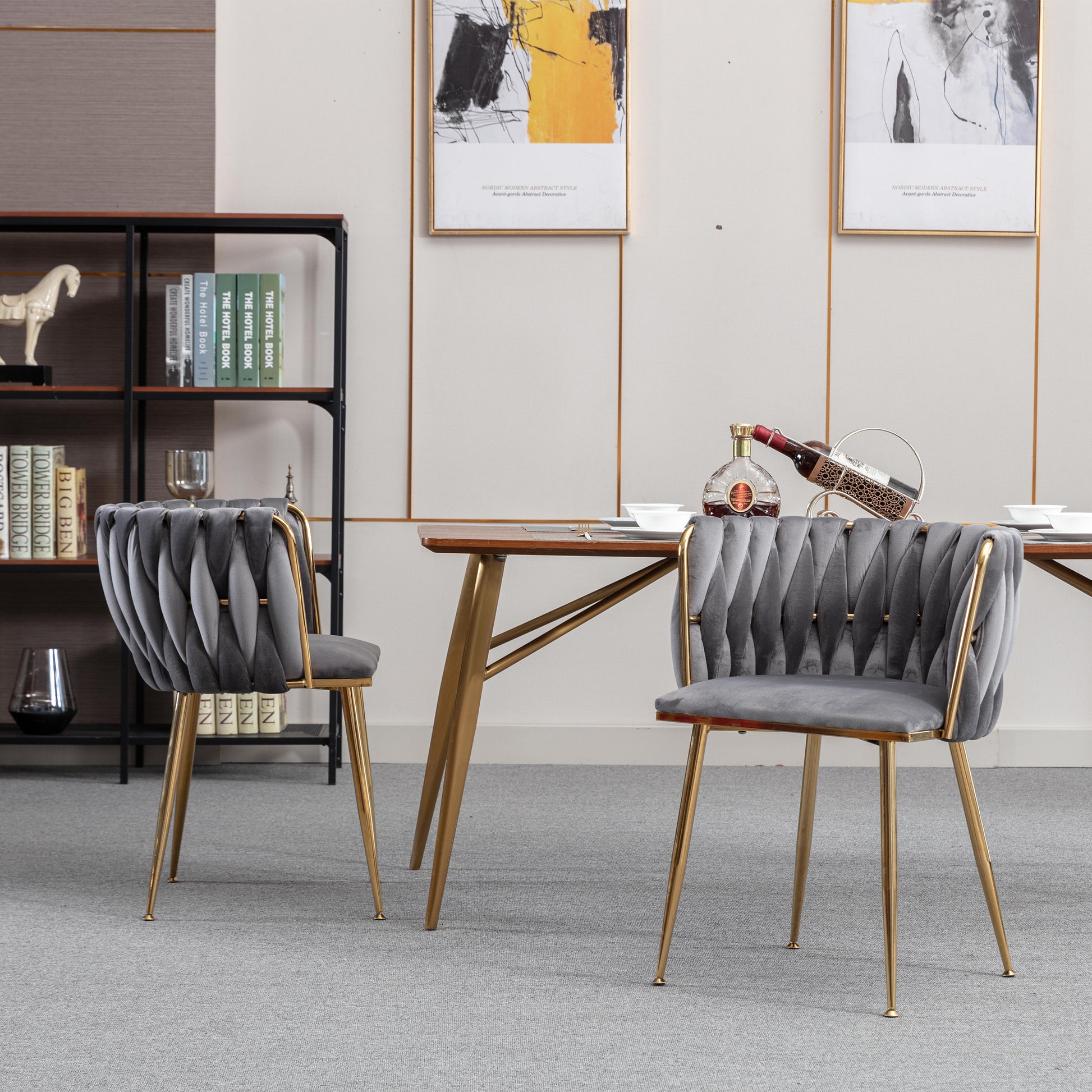 Modern Design Golden Metal Frame Velvet Fabric Dining Chair with Golden Legs,Set of 2,WH-9038G-GREY image 2