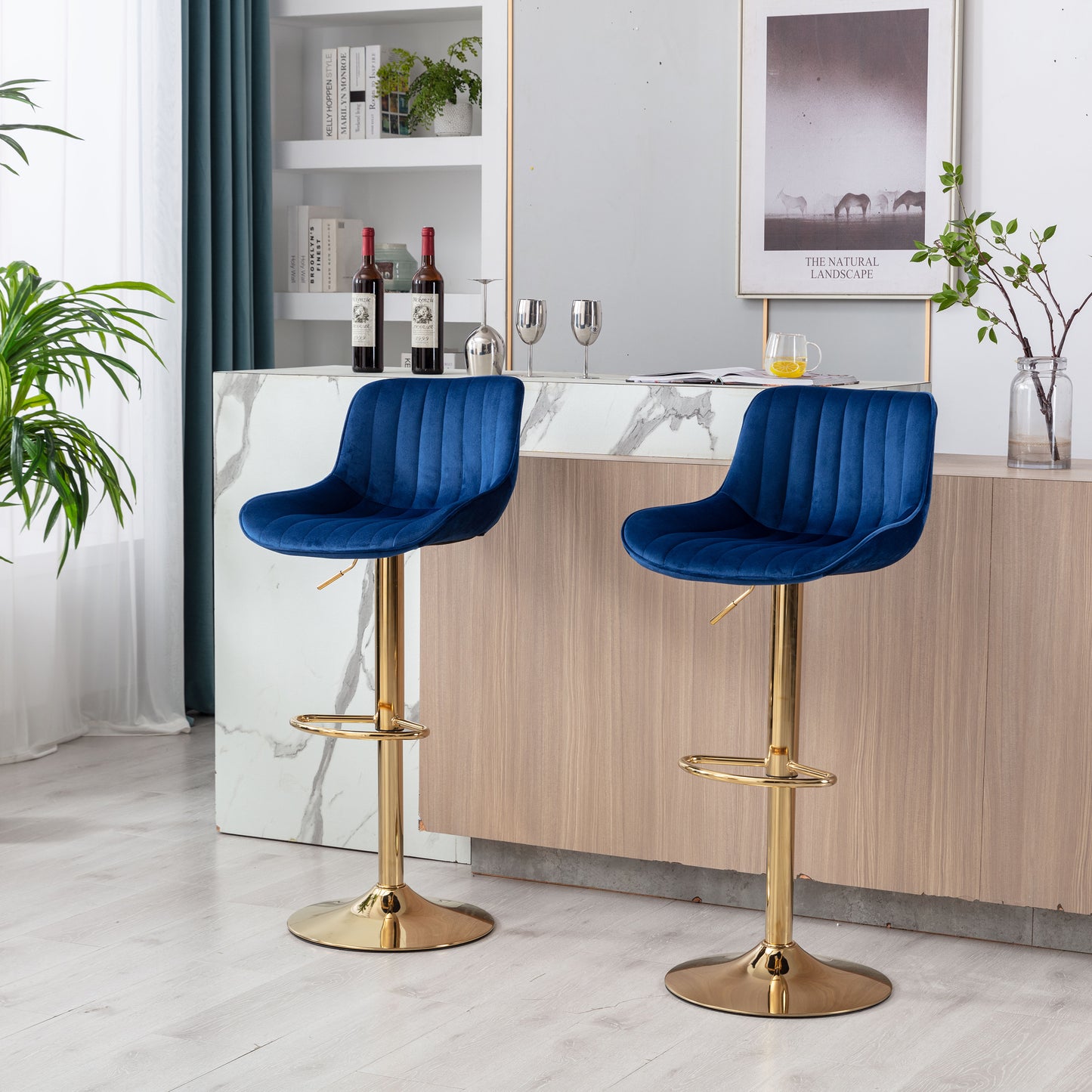 Chrome Footrest and Base Swivel Height Adjustable Mechanical Lifting Velvet + Golden Leg Simple Bar Stool,Set of 2,Navy image 6