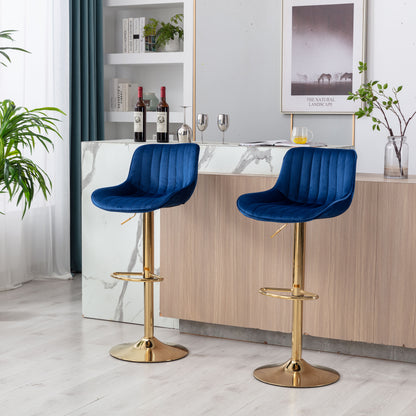 Chrome Footrest and Base Swivel Height Adjustable Mechanical Lifting Velvet + Golden Leg Simple Bar Stool,Set of 2,Navy image 6