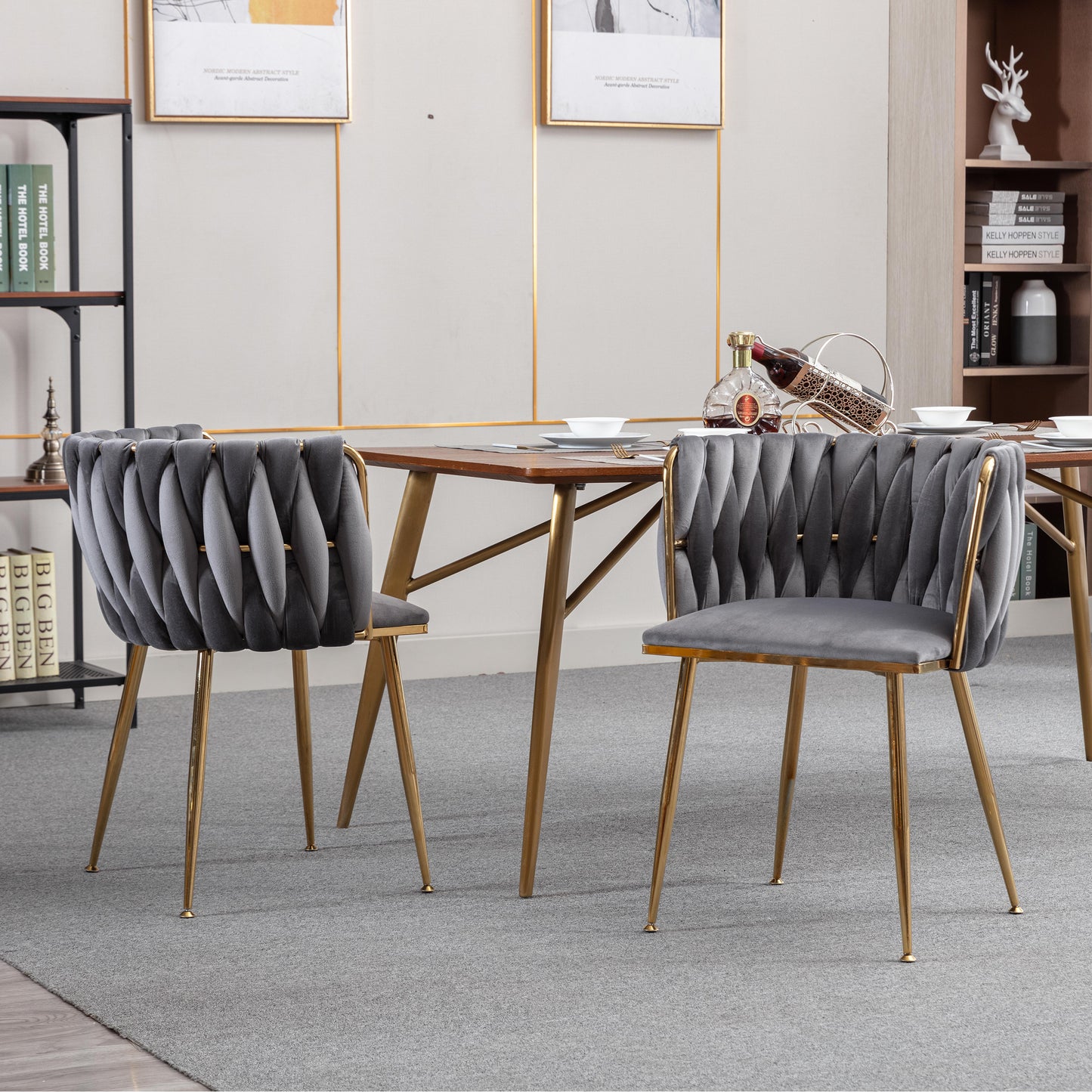 Modern Design Golden Metal Frame Velvet Fabric Dining Chair with Golden Legs,Set of 2,WH-9038G-GREY image 1