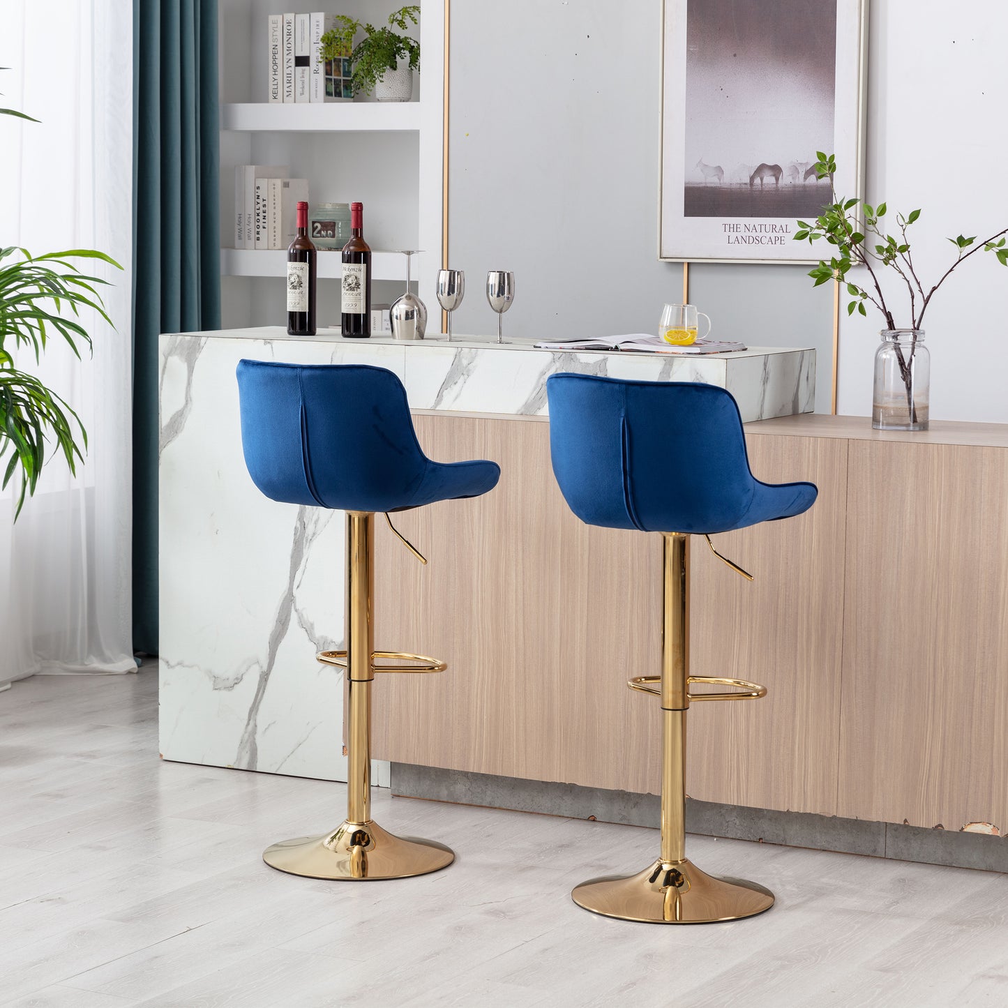 Chrome Footrest and Base Swivel Height Adjustable Mechanical Lifting Velvet + Golden Leg Simple Bar Stool,Set of 2,Navy image 7