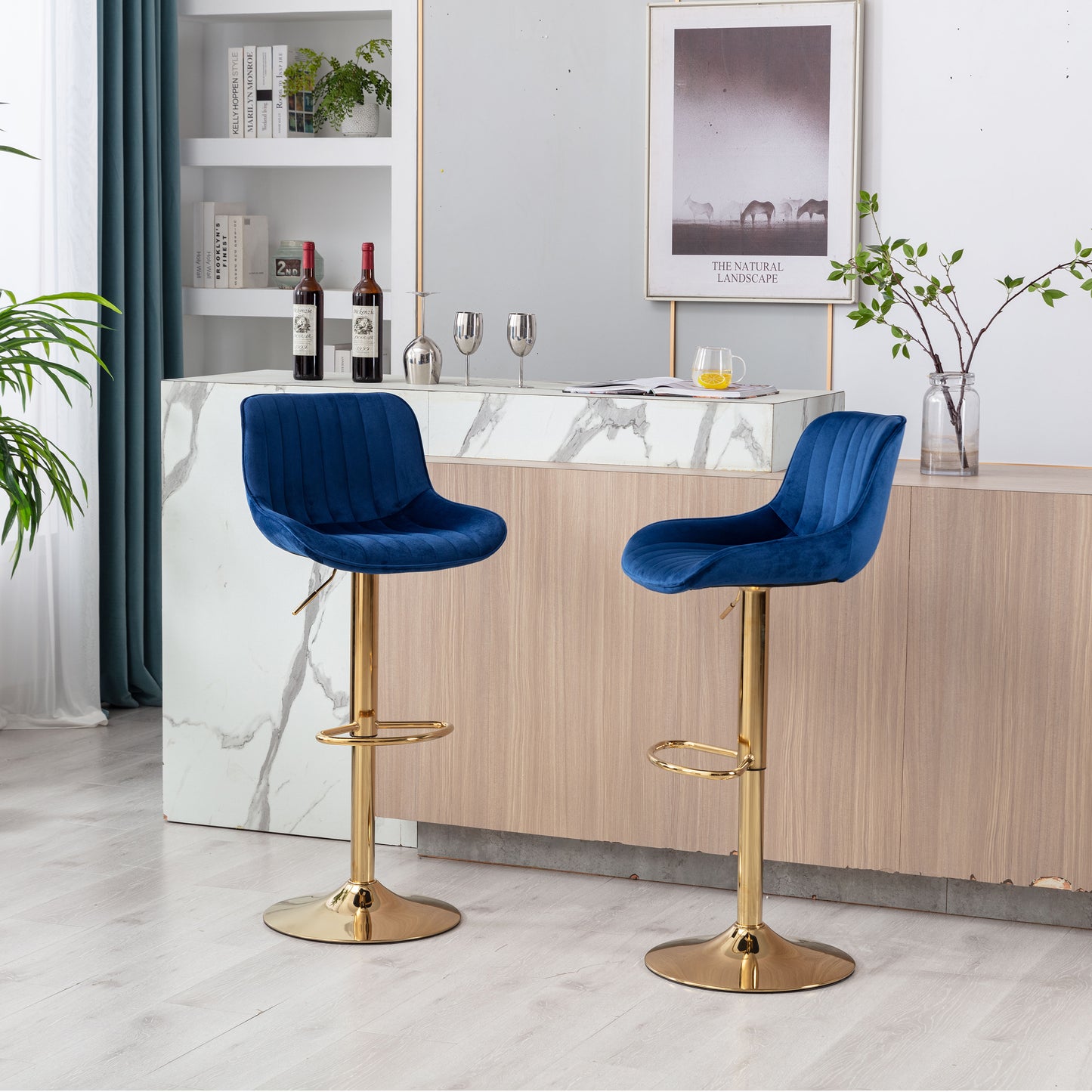Chrome Footrest and Base Swivel Height Adjustable Mechanical Lifting Velvet + Golden Leg Simple Bar Stool,Set of 2,Navy image 4