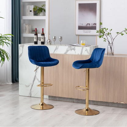 Chrome Footrest and Base Swivel Height Adjustable Mechanical Lifting Velvet + Golden Leg Simple Bar Stool,Set of 2,Navy image 4