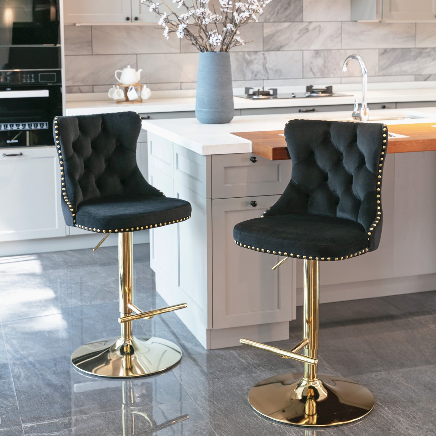 A&A Furniture,Golden Swivel Velvet Barstools Adjusatble Seat Height from 25-33 Inch, Modern Upholstered Bar Stools with Backs Comfortable Tufted for Home Pub and Kitchen Island（Black,Set of 2） image 1