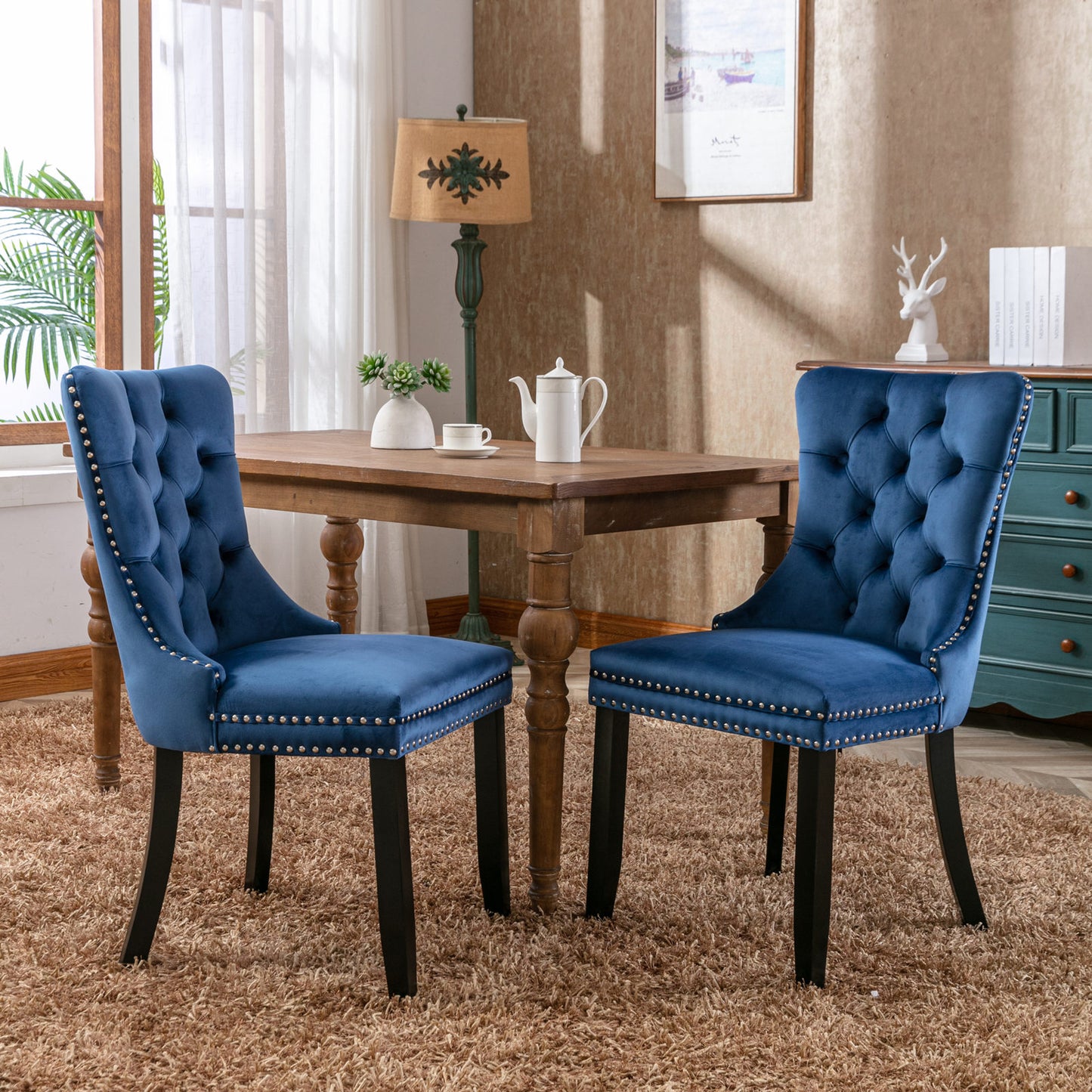 Nikki Collection Modern, High-end Tufted Solid Wood Contemporary Velvet Upholstered Dining Chair with Wood Legs Nailhead Trim 2-Pcs Set,Blue, SW2001BL image 1