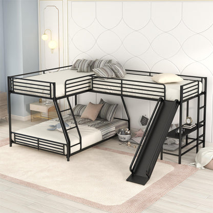 L-Shaped Twin over Full Bunk Bed with Twin Size Loft Bed,Built-in Desk and Slide,Black image 1
