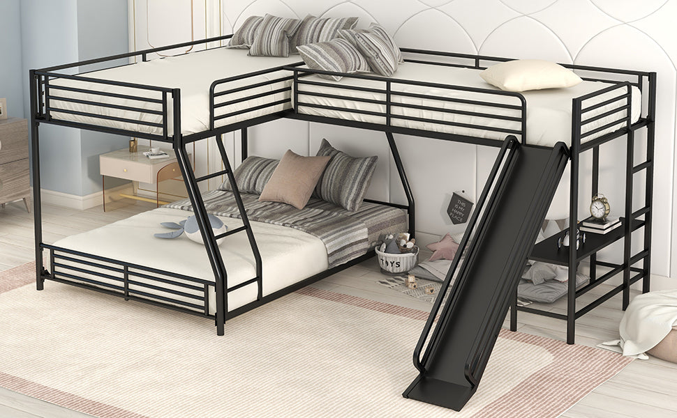 L-Shaped Twin over Full Bunk Bed with Twin Size Loft Bed,Built-in Desk and Slide,Black image 6