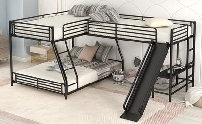L-Shaped Twin over Full Bunk Bed with Twin Size Loft Bed,Built-in Desk and Slide,Black image 6