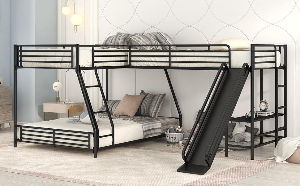 L-Shaped Twin over Full Bunk Bed with Twin Size Loft Bed,Built-in Desk and Slide,Black image 4