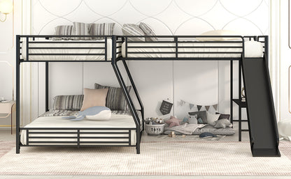 L-Shaped Twin over Full Bunk Bed with Twin Size Loft Bed,Built-in Desk and Slide,Black image 5