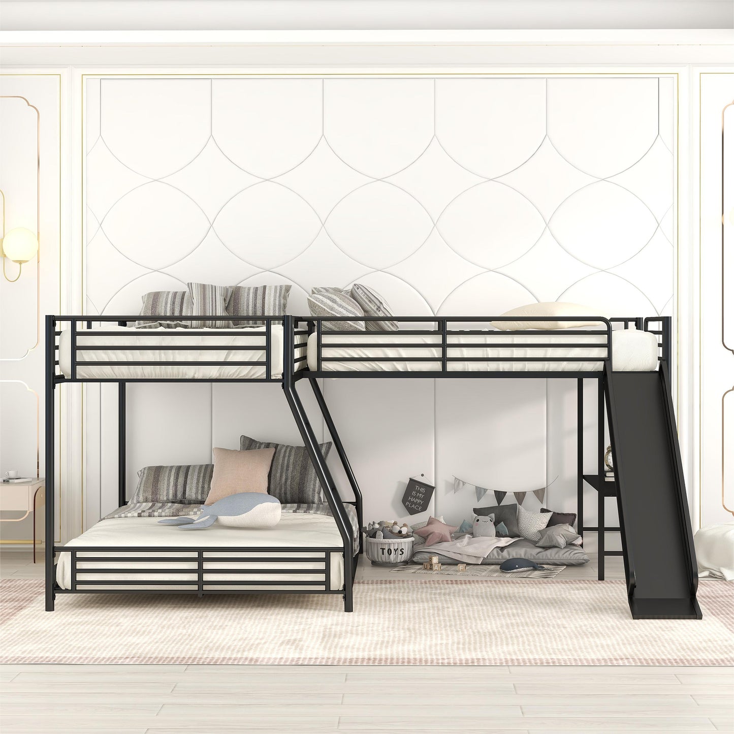 L-Shaped Twin over Full Bunk Bed with Twin Size Loft Bed,Built-in Desk and Slide,Black image 3