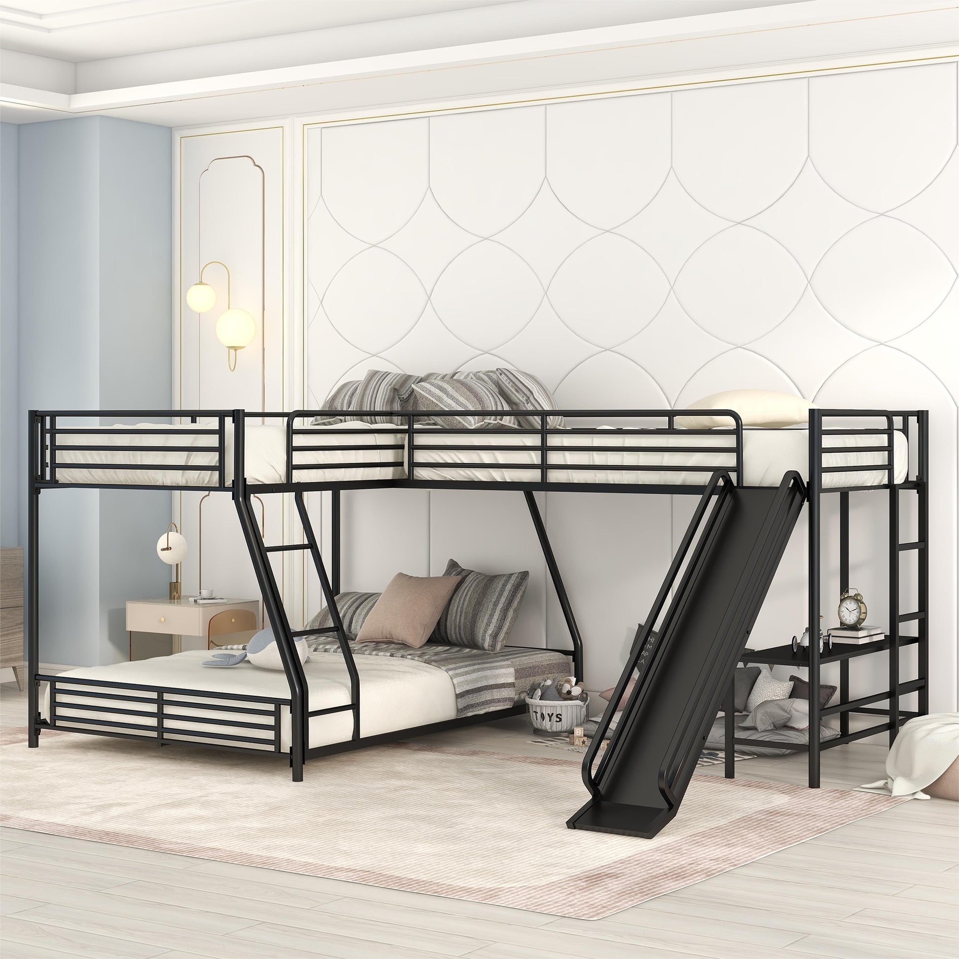 L-Shaped Twin over Full Bunk Bed with Twin Size Loft Bed,Built-in Desk and Slide,Black image 2