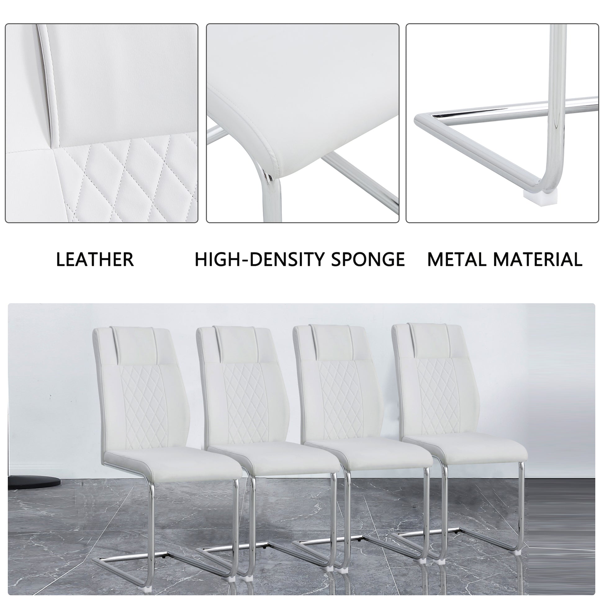 Modern Dining Chairs with Faux Leather Padded Seat Dining Living Room Chairs Upholstered Chair with Metal Legs Design for Kitchen, Living, Bedroom, Dining Room Side Chairs Set of 6 (White+PU)C-001 image 6