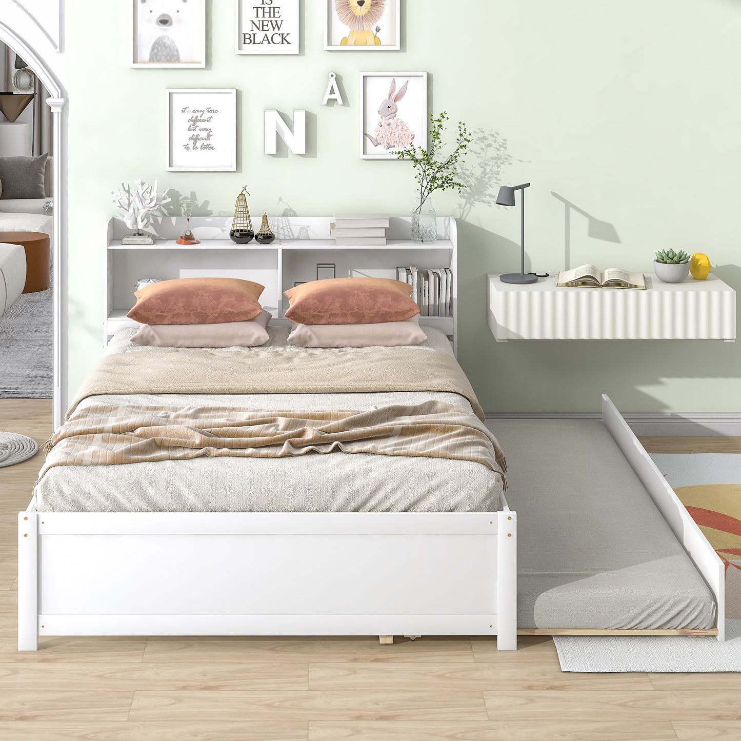 Full Size Bed with Trundle and Bookcase Headboard,White (Old Sku W50446124) image 1