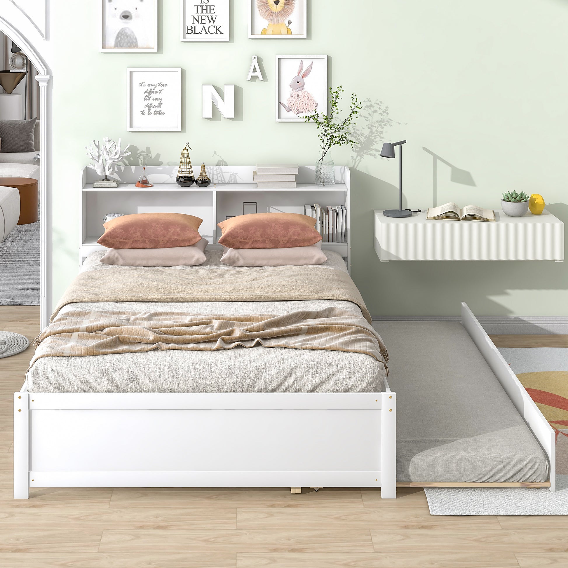 Full Size Bed with Trundle and Bookcase Headboard,White (Old Sku W50446124) image 1