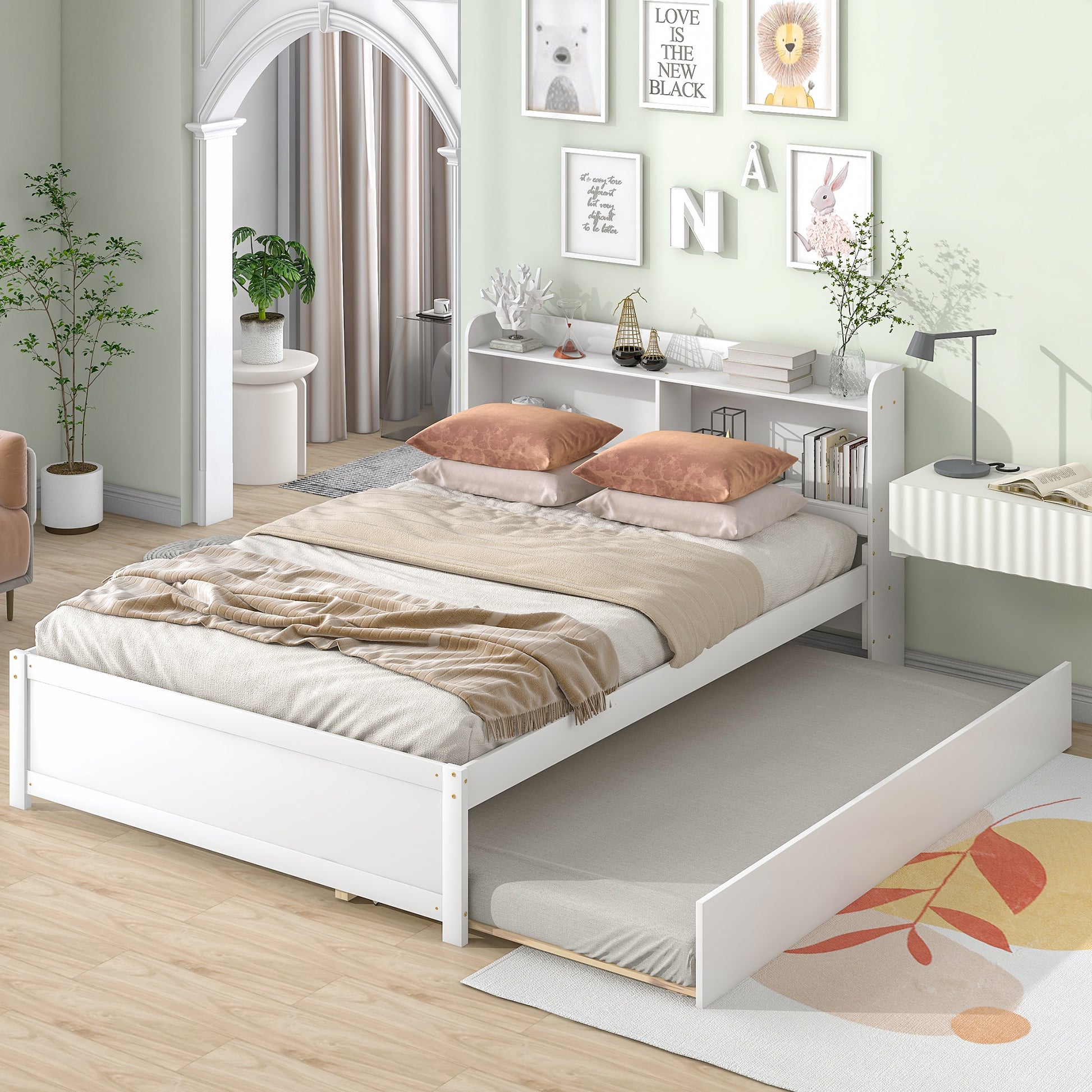 Full Size Bed with Trundle and Bookcase Headboard,White (Old Sku W50446124) image 2