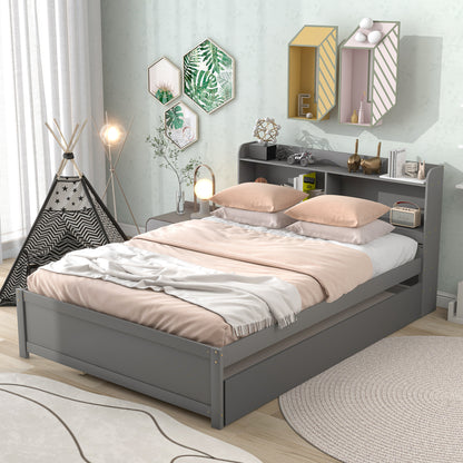 Full Size Bed with Trundle and Bookcase Headboard,Grey (Old Sku W50446123) image 2