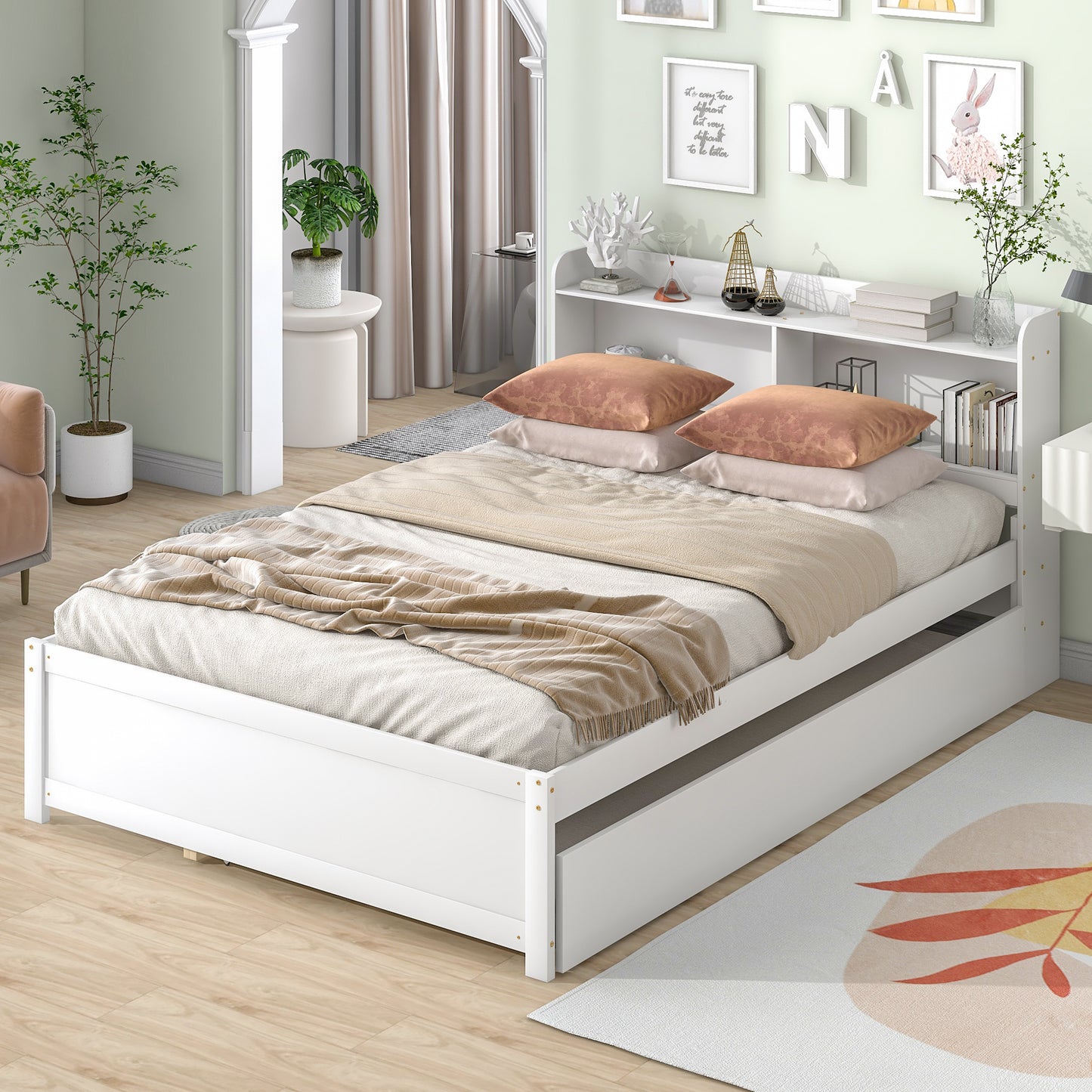 Full Size Bed with Trundle and Bookcase Headboard,White (Old Sku W50446124) image 3