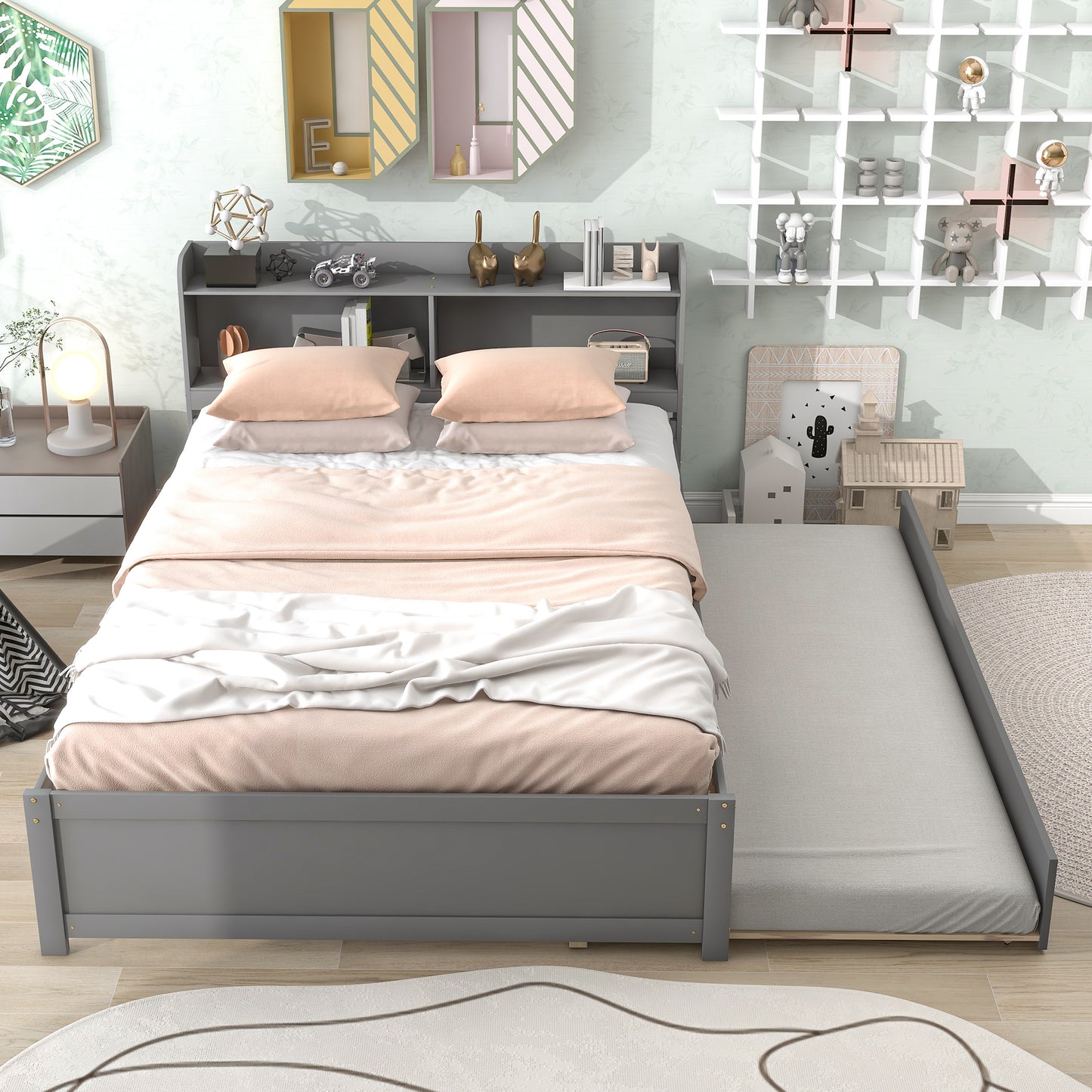 Full Size Bed with Trundle and Bookcase Headboard,Grey (Old Sku W50446123) image 1