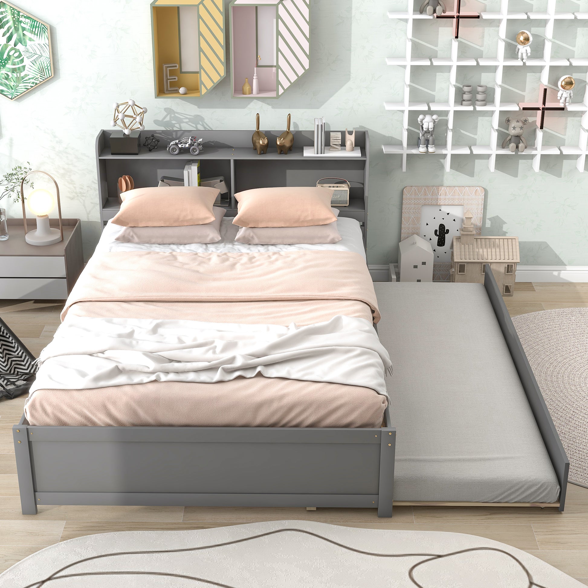 Full Size Bed with Trundle and Bookcase Headboard,Grey (Old Sku W50446123) image 1