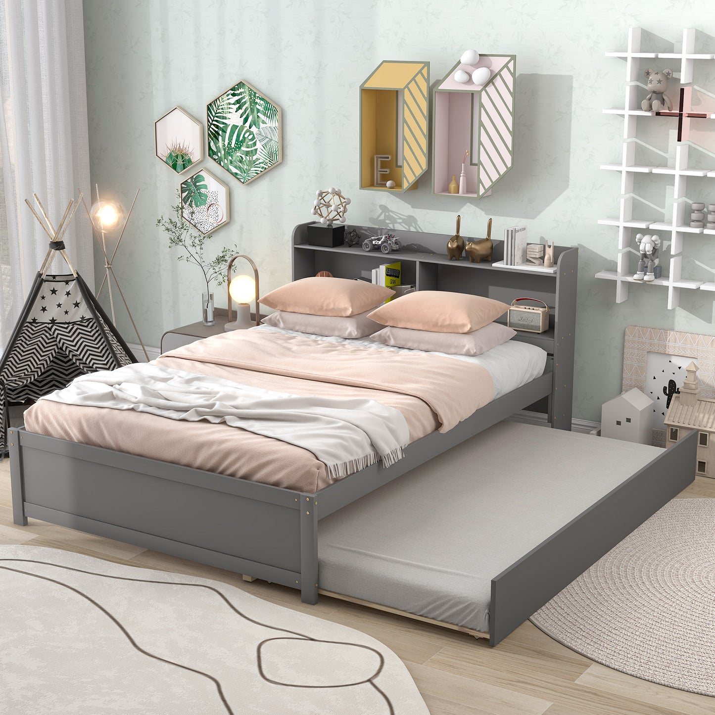 Full Size Bed with Trundle and Bookcase Headboard,Grey (Old Sku W50446123) image 3