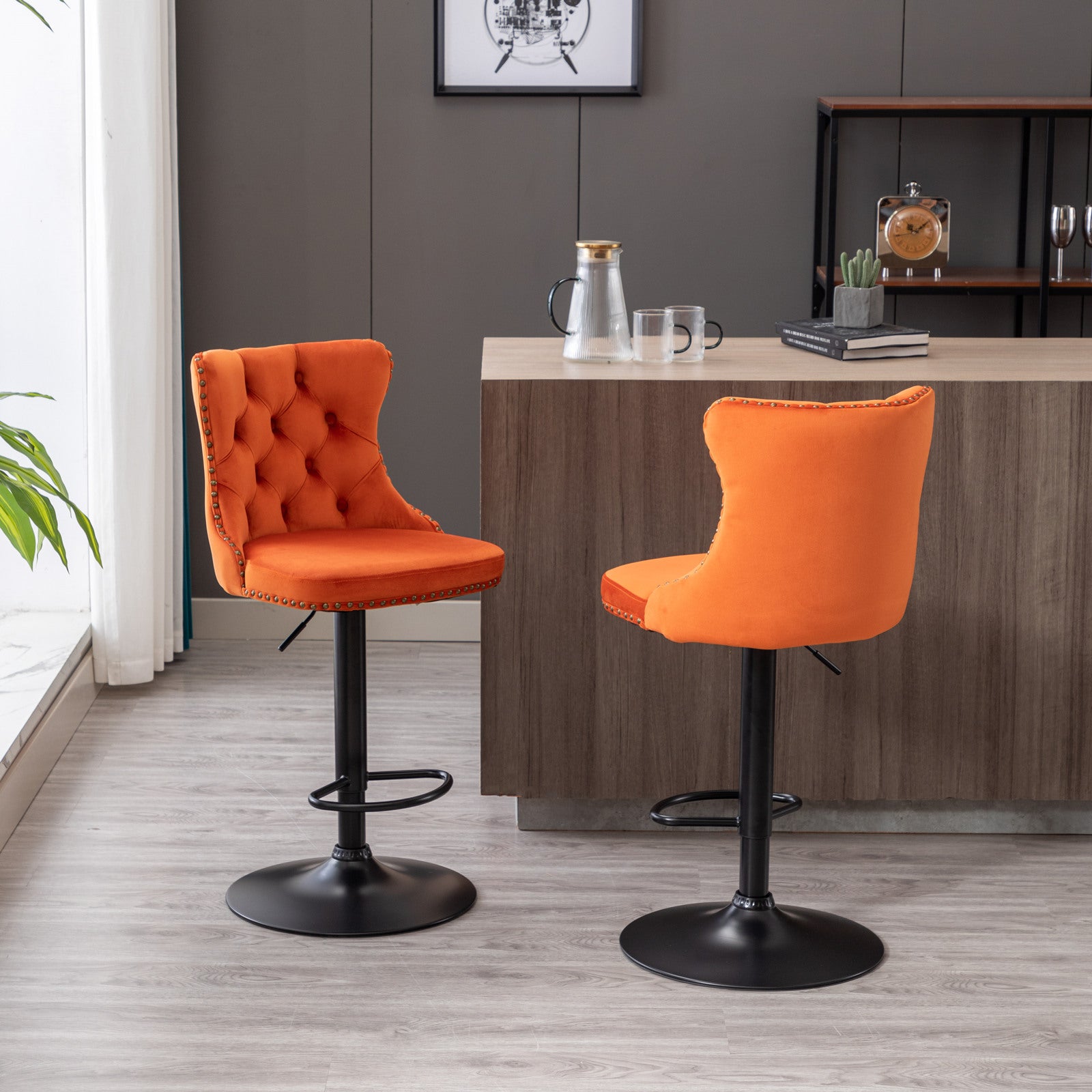 A&A Furniture,Swivel Velvet Barstools Adjusatble Seat Height from 25-33 Inch,17.7inch base, Modern Upholstered Bar Stools with Backs Comfortable Tufted for Home Pub and Kitchen Island,Orange,Set of 2 image 1
