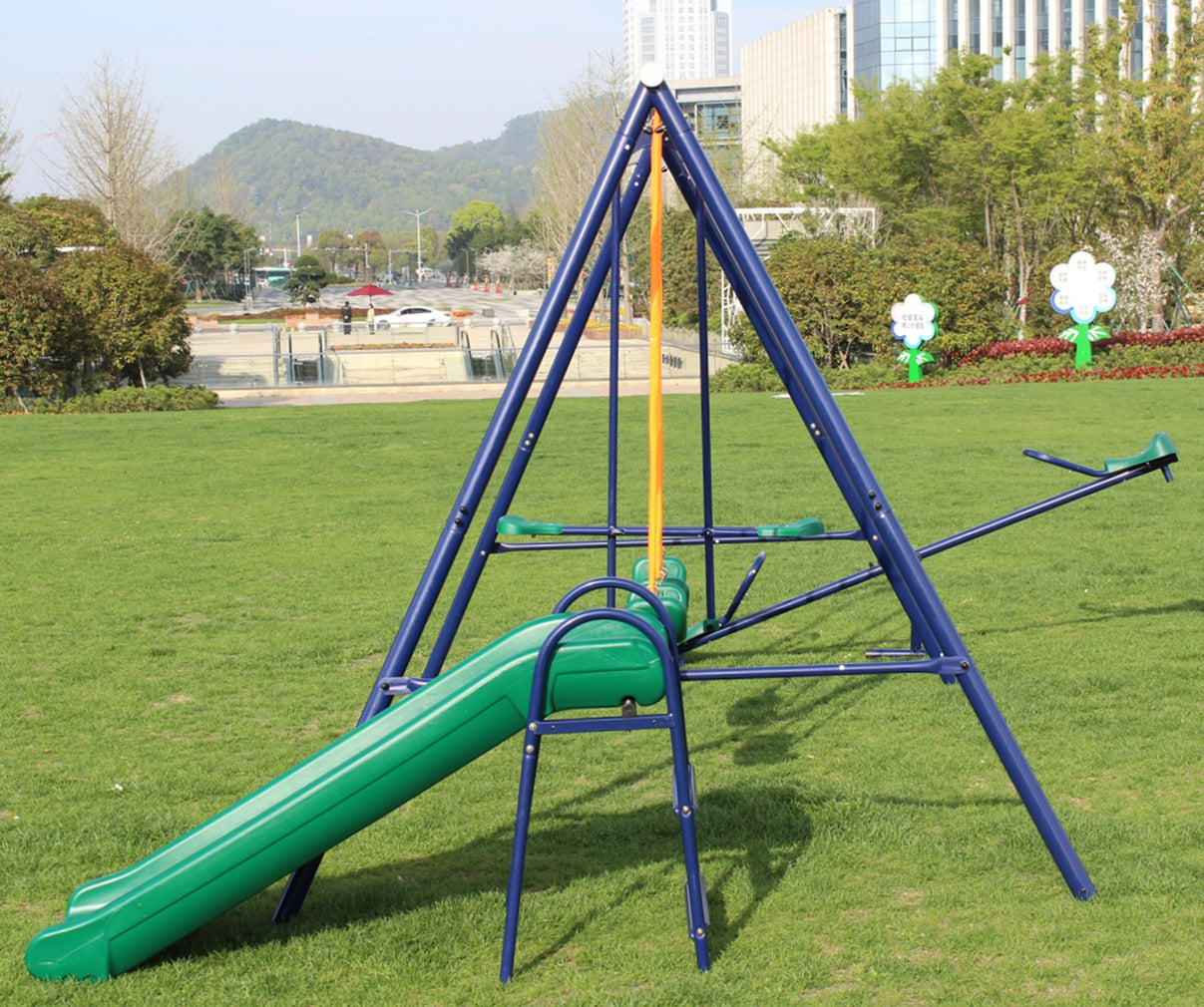 4 in 1 Swing Set With Seesaw, Belt Swing, Slide, Glider for Backyard image 3