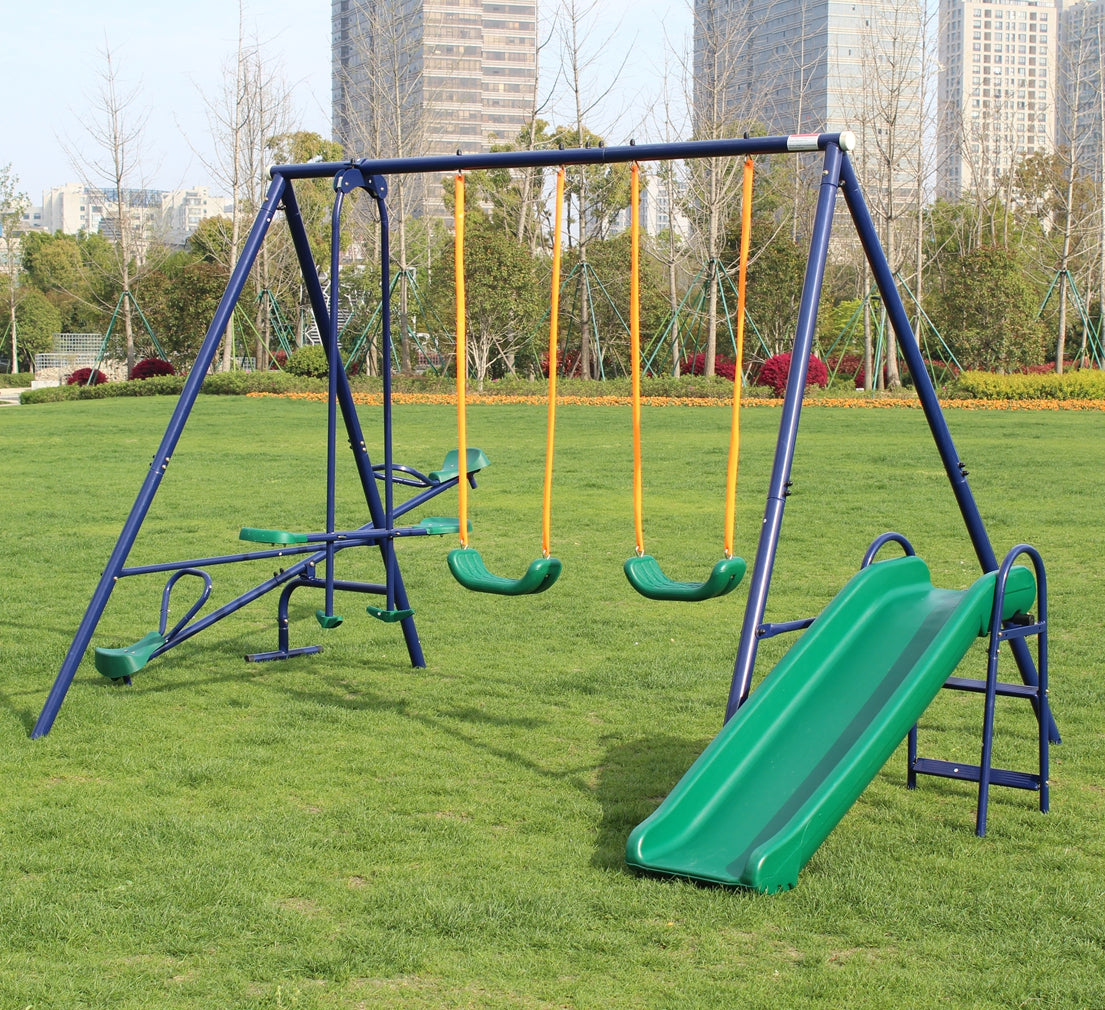 4 in 1 Swing Set With Seesaw, Belt Swing, Slide, Glider for Backyard image 1