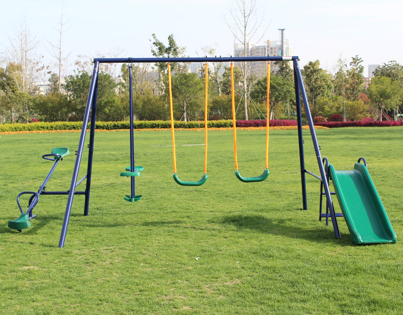 4 in 1 Swing Set With Seesaw, Belt Swing, Slide, Glider for Backyard image 2