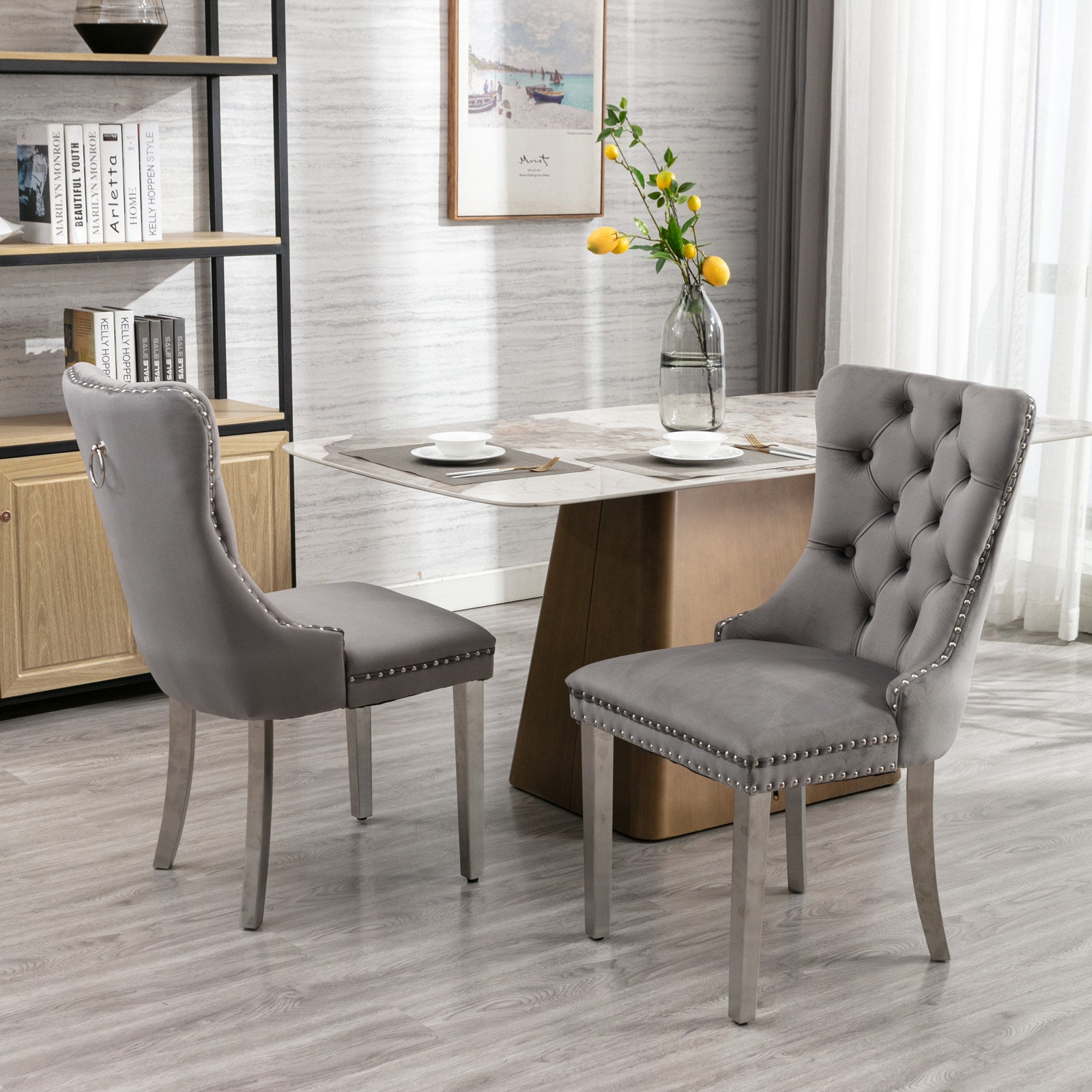 A&A Furniture,Nikki Collection Modern, High-end Tufted Solid Wood Contemporary Velvet Upholstered Dining Chair with Chrome Stainless Steel Plating Legs,Nailhead Trim,Set of 2,Gray and Chrome, SW1701GY image 11