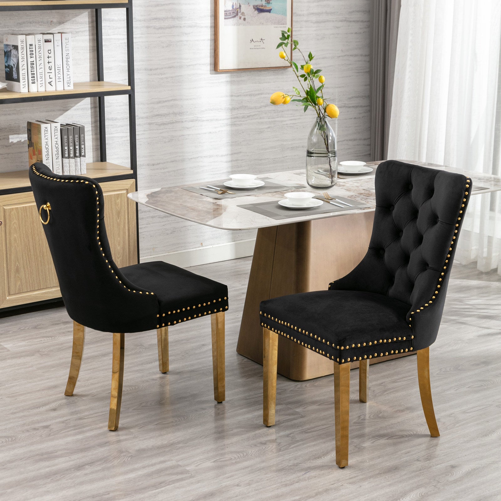 A&A Furniture,Nikki Collection Modern, High-end Tufted Solid Wood Contemporary Velvet Upholstered Dining Chair with Golden Stainless Steel Plating Legs,Nailhead Trim,Set of 2，Black and Gold, SW1601BK image 10
