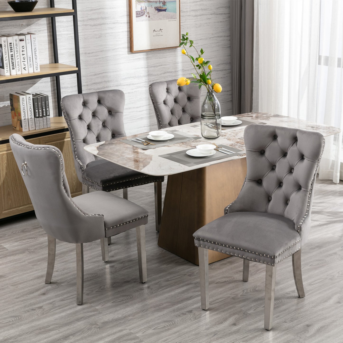 A&A Furniture,Nikki Collection Modern, High-end Tufted Solid Wood Contemporary Velvet Upholstered Dining Chair with Chrome Stainless Steel Plating Legs,Nailhead Trim,Set of 2,Gray and Chrome, SW1701GY image 12